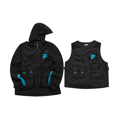 FILA Logo Mesh Patchwork Detachable Vest Hooded Jacket - Deep Black T11M133704FBK