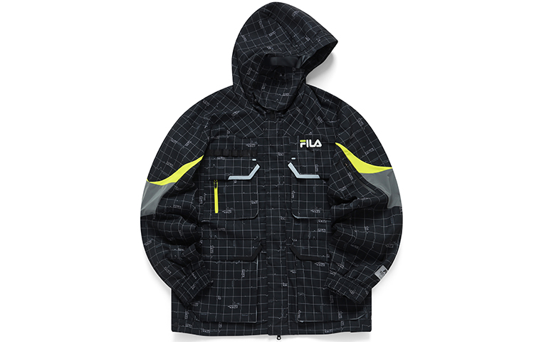 FILA Logo Print Hooded Casual Outdoor Jacket - Dark Checkered Pattern T11M143701F-BK