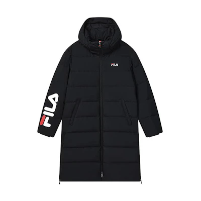 FILA Logo Print Long Quilted Down Jacket Unisex Black F51U248901F-NV