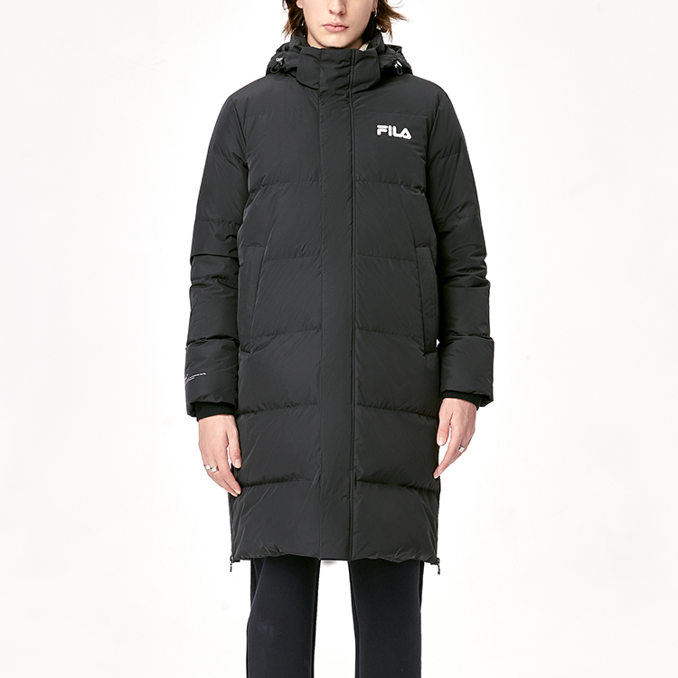 Shop FILA Logo Printed Long Down Jacket Black Winter Coat. F11M149910F-BK