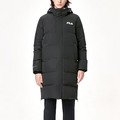 FILA Logo Printed Long Down Jacket Black Winter Coat. F11M149910F-BK Shop FILA Logo Printed Long Down Jacket Black Winter Coat. F11M149910F-BK