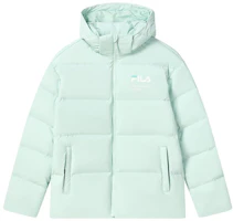 FILA Logo Puffer Down Jacket Unisex Nile Green Warm Hooded Thick Coat. F51U349902A-LG FILA Logo Puffer Down Jacket Unisex Nile Green Warm Hooded Thick Coat. F51U349902A-LG