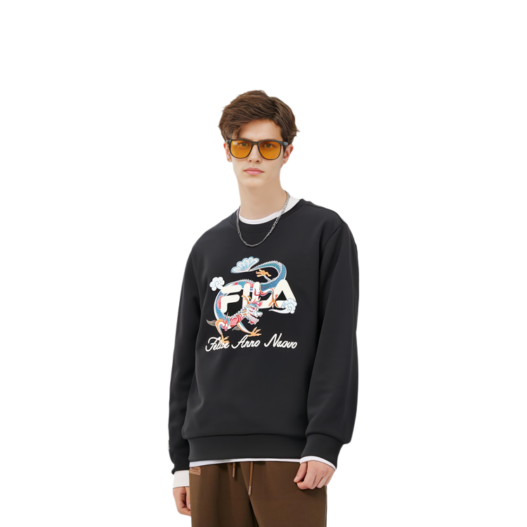 Shop FILA 長龍系列男女黑色休閒寬鬆版套頭衛衣 F11M419215F-BK