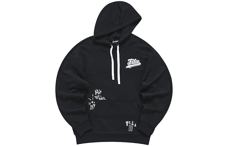 FILA Loose Fit Cotton Letter Knit Hoodie in Deep Black T11M242201FBK