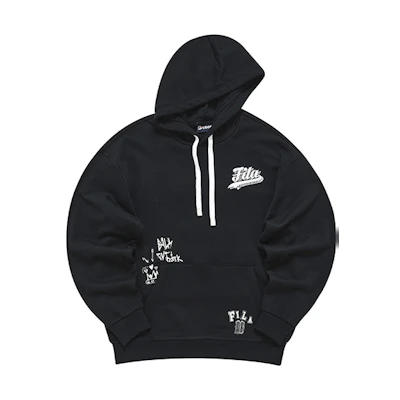 FILA Loose Fit Cotton Letter Knit Hoodie in Deep Black T11M242201FBK