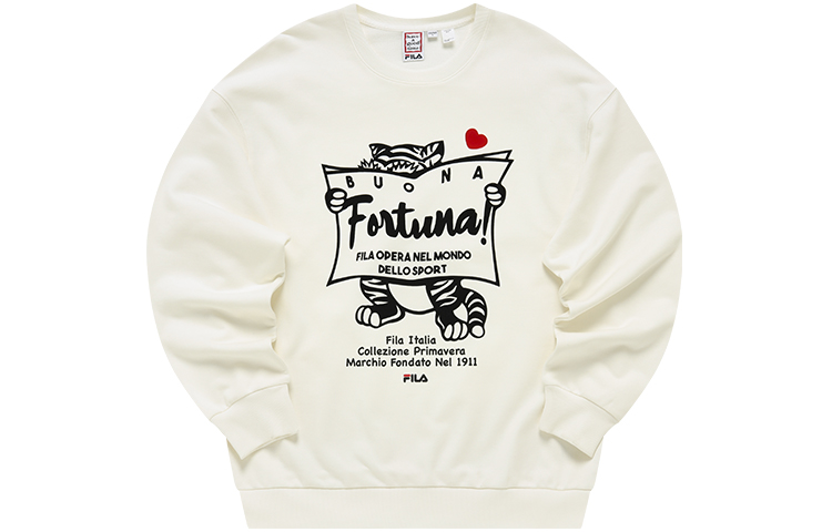 FILA Lunar Year Knit Pullover Sweater - Fun Pattern Crewneck in Cloud Mushroom White F11U219203F-WT