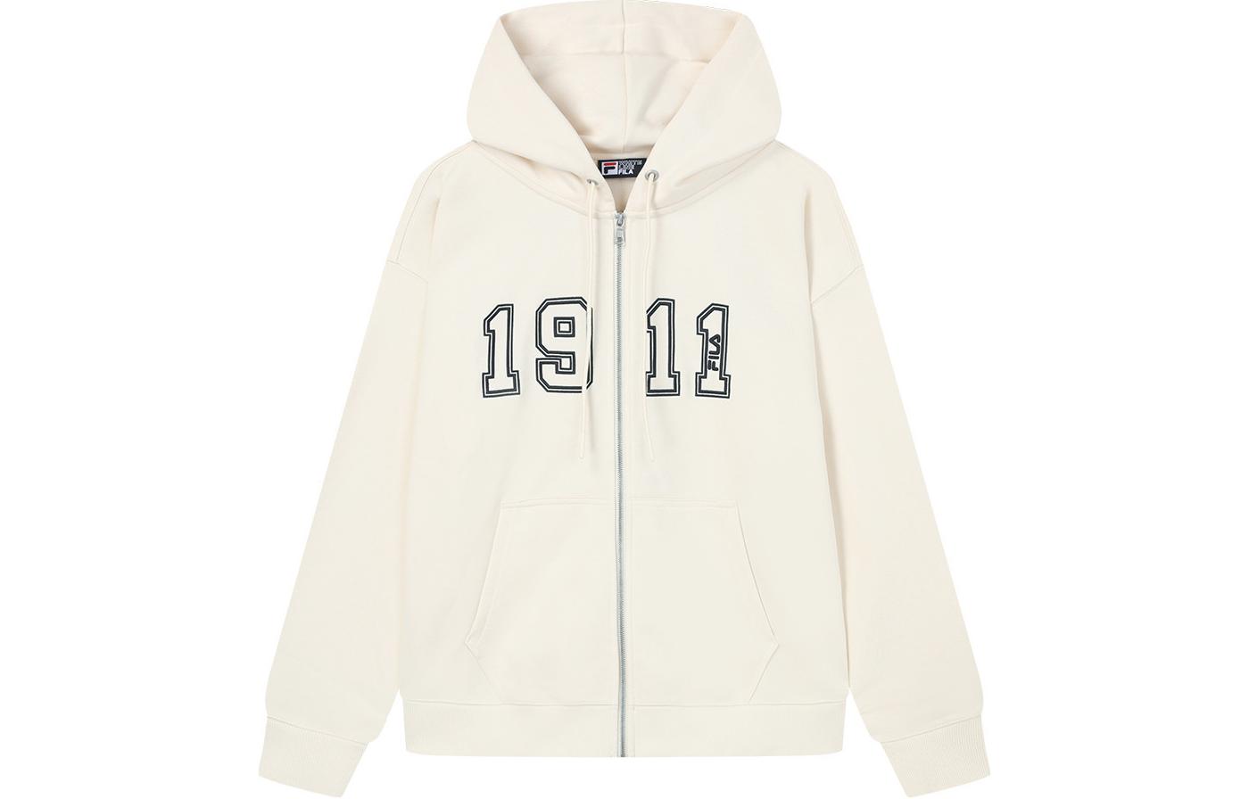 FILA Numeric Pattern Full-Zip Hoodie Fleece Jacket Unisex Off-White F11U339502F-IV