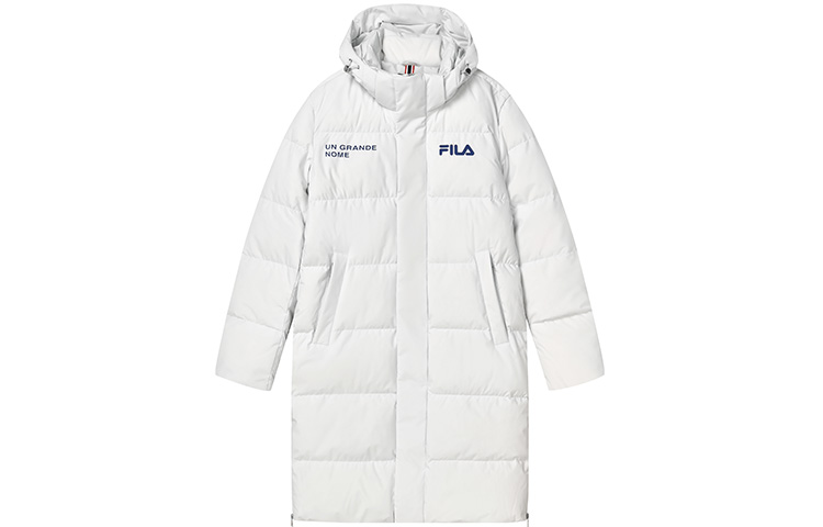FILA Original  Logo Print Long Hooded Down Jacket - Cold Stone White. F11M249921FWT