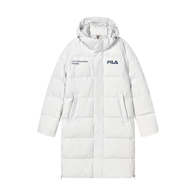 FILA Original Logo Print Long Hooded Down Jacket - Cold Stone White. F11M249921FWT