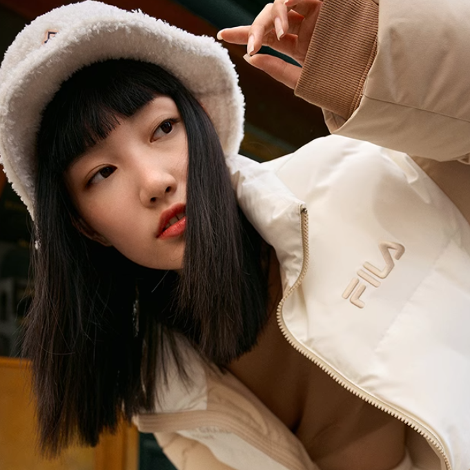 Shop FILA Original Loose Fit Colorblock Logo Puffer Jacket Unisex Winter Beige. F11U249903F-LK