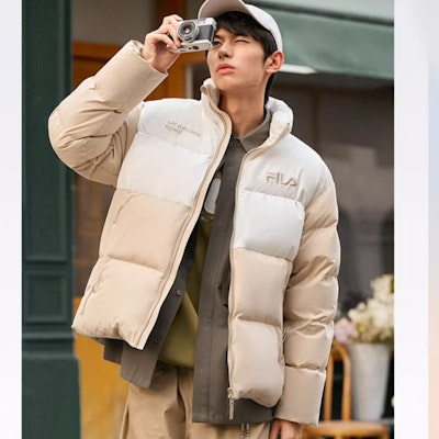 FILA Original Loose Fit Colorblock Logo Puffer Jacket Unisex Winter Beige. F11U249903F-LK Purchase FILA Original Loose Fit Colorblock Logo Puffer Jacket Unisex Winter Beige. F11U249903F-LK