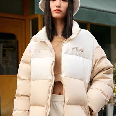 FILA Original Loose Fit Colorblock Logo Puffer Jacket Unisex Winter Beige. F11U249903F-LK Details for FILA Original Loose Fit Colorblock Logo Puffer Jacket Unisex Winter Beige. F11U249903F-LK