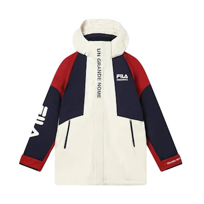 FILA Original Men’s White Hooded Down Jacket with Letter Patchwork Design. F11M349901F-IV