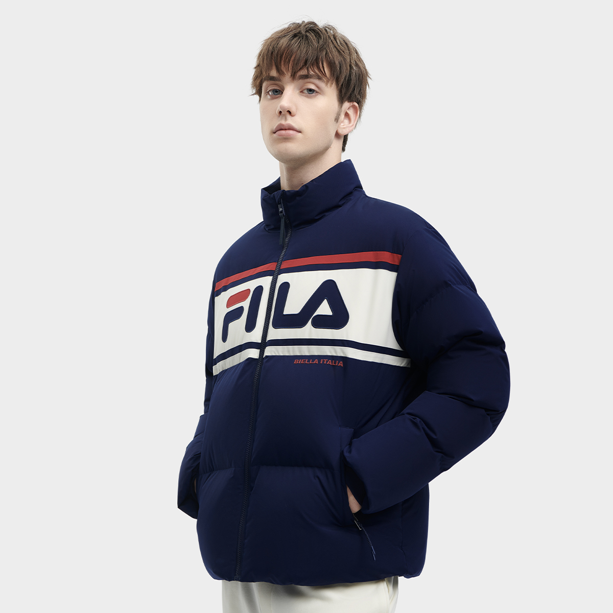 Shop FILA Jaket Puffer Retro Original Unisex - Biru Navy Tua. F11U349903F-DB