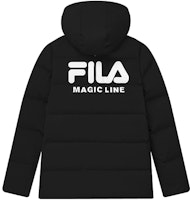 FILA オリジナル ウィンターパファージャケット ブラック ロゴプリント付きフード. F11M149901F-BK Order FILA オリジナル ウィンターパファージャケット ブラック ロゴプリント付きフード. F11M149901F-BK