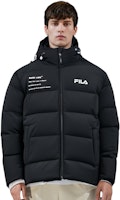 FILA オリジナル ウィンターパファージャケット ブラック ロゴプリント付きフード. F11M149901F-BK Purchase FILA オリジナル ウィンターパファージャケット ブラック ロゴプリント付きフード. F11M149901F-BK