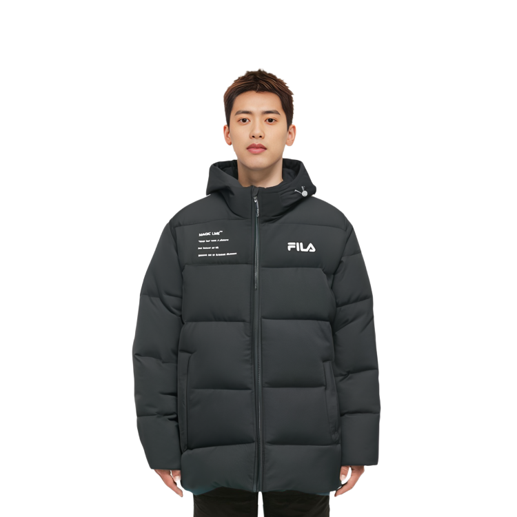 Details for FILA オリジナル ウィンターパファージャケット ブラック ロゴプリント付きフード. F11M149901F-BK