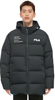 FILA オリジナル ウィンターパファージャケット ブラック ロゴプリント付きフード. F11M149901F-BK Details for FILA オリジナル ウィンターパファージャケット ブラック ロゴプリント付きフード. F11M149901F-BK