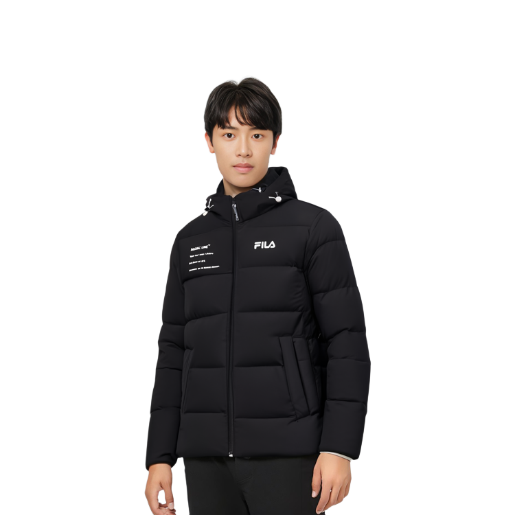 Cheap FILA オリジナル ウィンターパファージャケット ブラック ロゴプリント付きフード. F11M149901F-BK