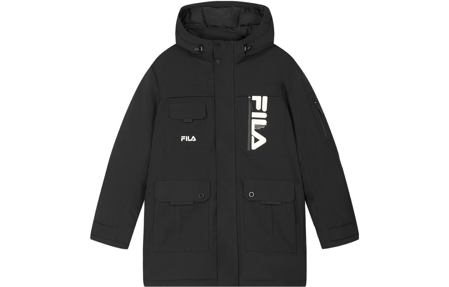 FILA ORIGINALE  Colorblock Logo Print Hooded Mid-Length Down Jacket F11M349904F-BK