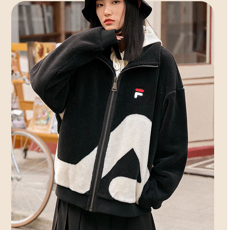 Shop FILA ORIGINALE Fleece-Lined Sherpa Jacket Black Unisex with Logo Print. F51U248926F-BK