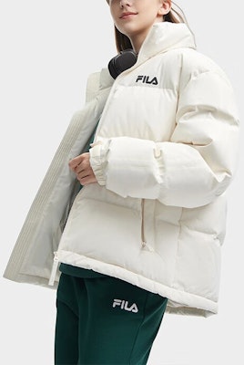 FILA Originale Unisex White Logo Print Thick Warm Windproof Down Jacket. F51U349901F-IV Details for FILA Originale Unisex White Logo Print Thick Warm Windproof Down Jacket. F51U349901F-IV