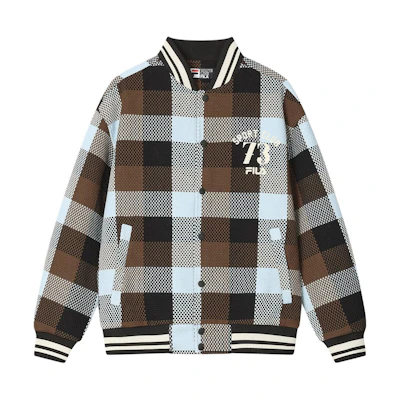 FILA Plaid Letter Print Single-Breasted Retro College Jacket Brown F11M419702F-BN