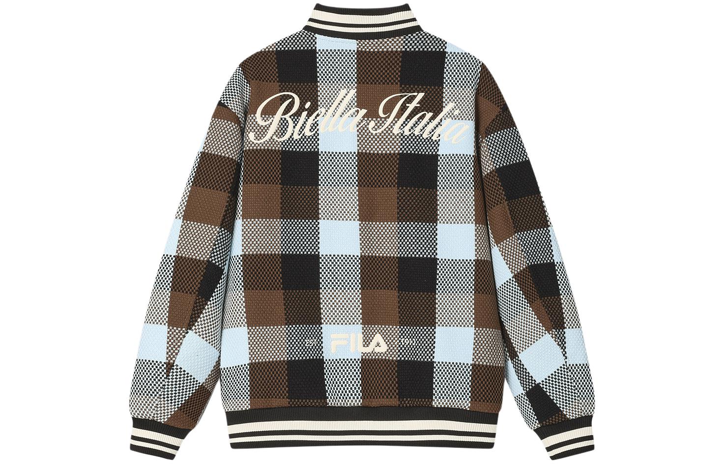 Lookbook FILA Jaket Kolej Retro Coklat Cetakan Huruf & Corak Kotak Single-Breasted F11M419702F-BN