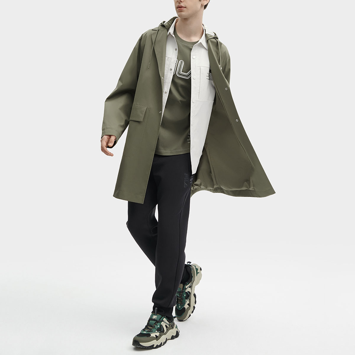 Sizing FILA 純Logo香蕉棕色連帽長版風衣外套 F11M418705F-DG