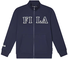 FILA Retro Knit Jacket with Letter Logo, Stand Collar - Dark Navy Blue F11M419504F-NV FILA Retro Knit Jacket with Letter Logo, Stand Collar - Dark Navy Blue F11M419504F-NV