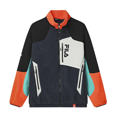 FILA Retro Standing Collar Zip Jacket Men’s Blue with Logo Print & Patchwork Design F11M249914F-BU