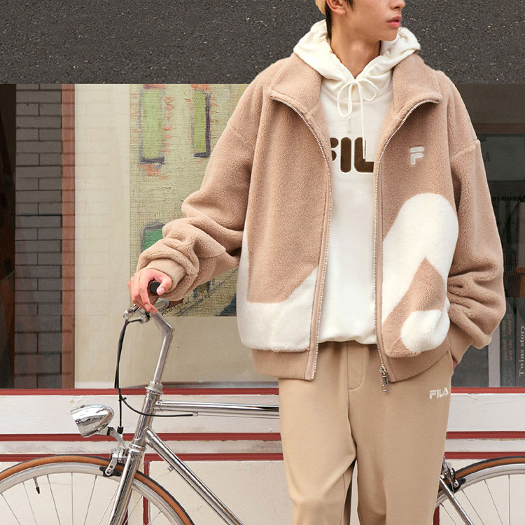 Shop FILA Sherpa Fleece Jacket Unisex Big Logo Casual Couple Style Pink Beige. F51U248926FLK