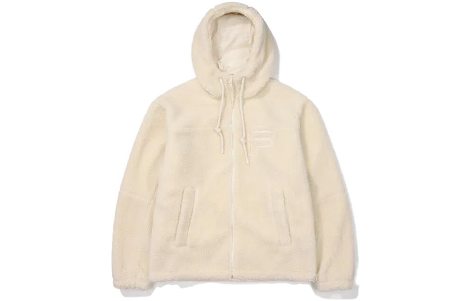 FILA Solid Logo Embroidered Drawstring Zip Hoodie Jacket Unisex Off-White FS2PLF4102X-SAD