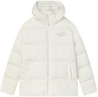 FILA Unisex Logo Print Hooded Down Jacket in Reed White. F11U349901R-IV FILA Unisex Logo Print Hooded Down Jacket in Reed White. F11U349901R-IV