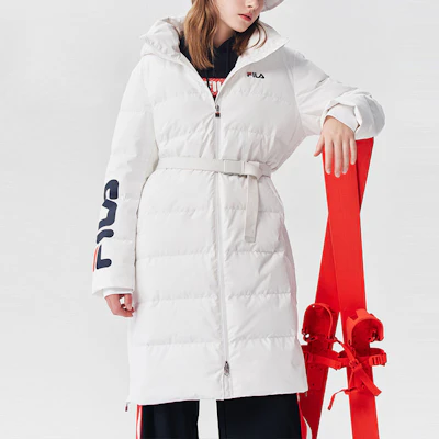 FILA 男女同款宽松连帽中长款白色羽绒服带logo印花 F51U048901F-WT Shop FILA 男女同款宽松连帽中长款白色羽绒服带logo印花 F51U048901F-WT