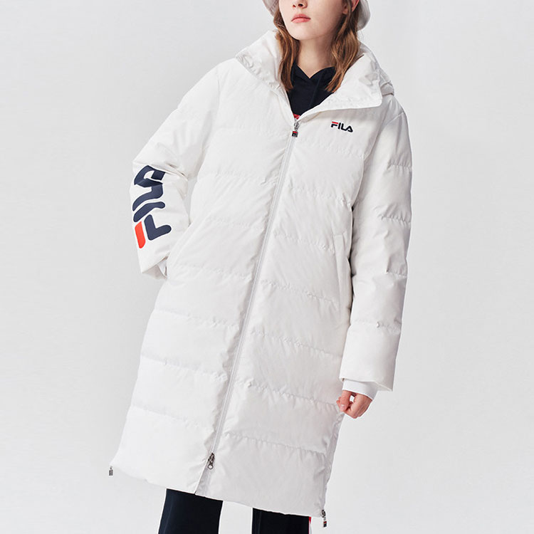 FILA Unisex Logo Printed Loose Fit Hooded Mid-Length White Down Jacket. F51U048901F-WT 圖 5