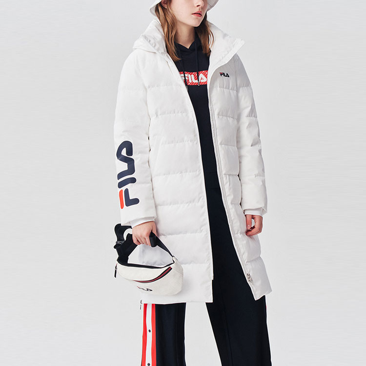 FILA Unisex Logo Printed Loose Fit Hooded Mid-Length White Down Jacket. F51U048901F-WT 圖 6