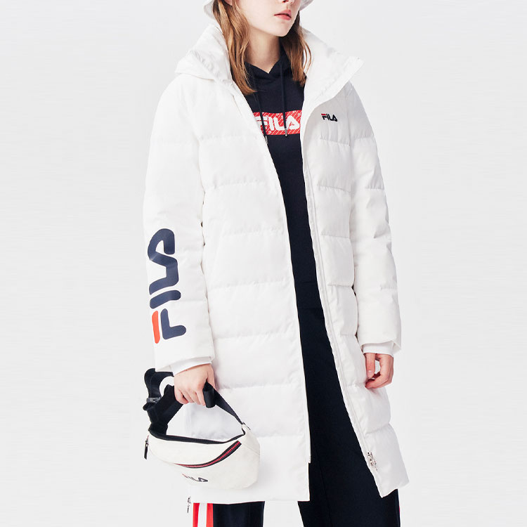 FILA Unisex Logo Printed Loose Fit Hooded Mid-Length White Down Jacket. F51U048901F-WT 圖 8