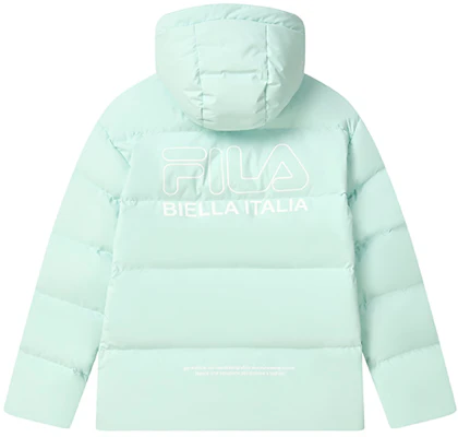 FILA Unisex Nile Green Logo Hoodie Loose Fit Windproof Down Jacket. F11U249902FLG Lookbook FILA Unisex Nile Green Logo Hoodie Loose Fit Windproof Down Jacket. F11U249902FLG