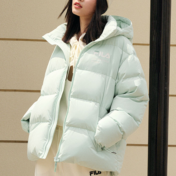 Shop FILA Unisex Nile Green Logo Hoodie Loose Fit Windproof Down Jacket. F11U249902FLG