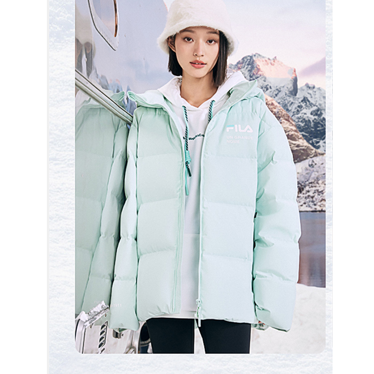 Sizing FILA Unisex Nile Green Logo Hoodie Loose Fit Windproof Down Jacket. F11U249902FLG