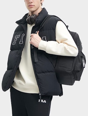 FILA Unisex Oversized Black Down Vest with Logo Print Lining. F51U349903FBK Details for FILA Unisex Oversized Black Down Vest with Logo Print Lining. F51U349903FBK