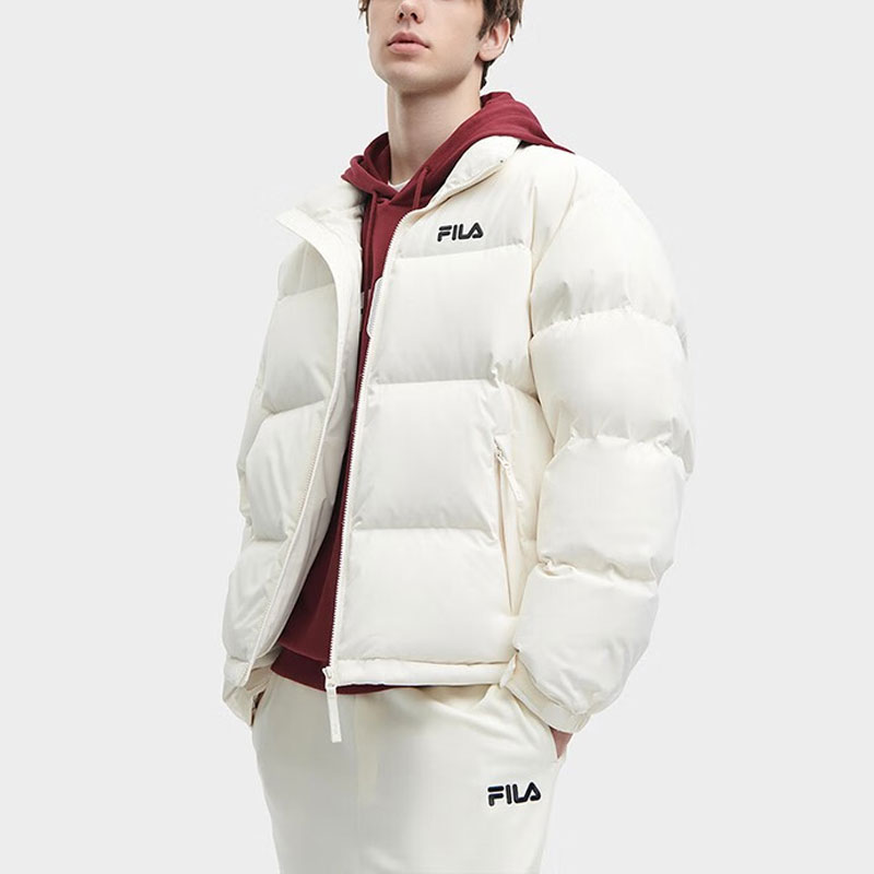 Shop FILA Unisex Oversized Windproof White Down Jacket with Logo Print F51U349901A-IV