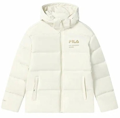 FILA Unisex White Logo Hooded Waterproof Windproof Down Jacket. F51U449902A-IV Order FILA Unisex White Logo Hooded Waterproof Windproof Down Jacket. F51U449902A-IV