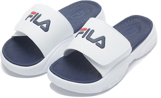 FILA魔术贴简约厚底拖鞋 白色蓝色 韩版 1SM00559D_147 Lookbook FILA魔术贴简约厚底拖鞋 白色蓝色 韩版 1SM00559D_147