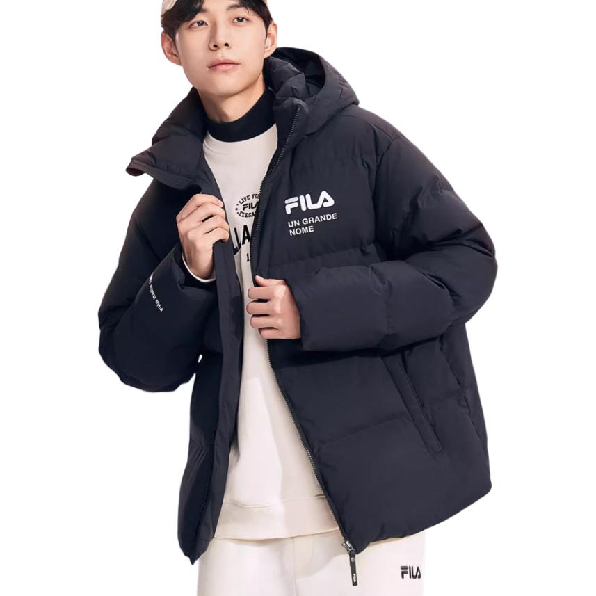 Details for FILA White Line Jaket Hoodie Down Unisex dengan Resleting dan Logo. F51U349902A-BK