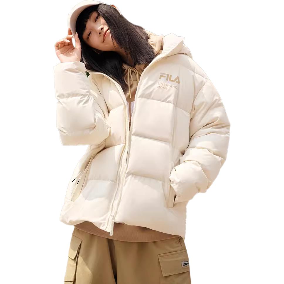 Cheap FILA White Line Jaket Hoodie Down Unisex dengan Resleting dan Logo. F51U349902A-BK