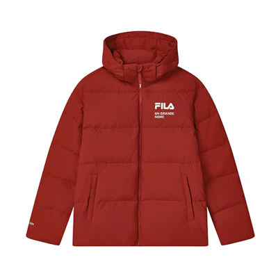 FILA WHITE Unisex Relaxed Fit Hooded Logo Puffer Jacket - Legendary Red. F11U249902FRD