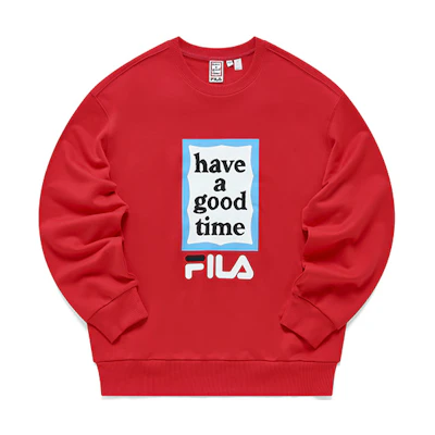 FILA Have A Good Time Red Logo Print Pullover Sweatshirt Unisex Couple Style F11U149204F-RD