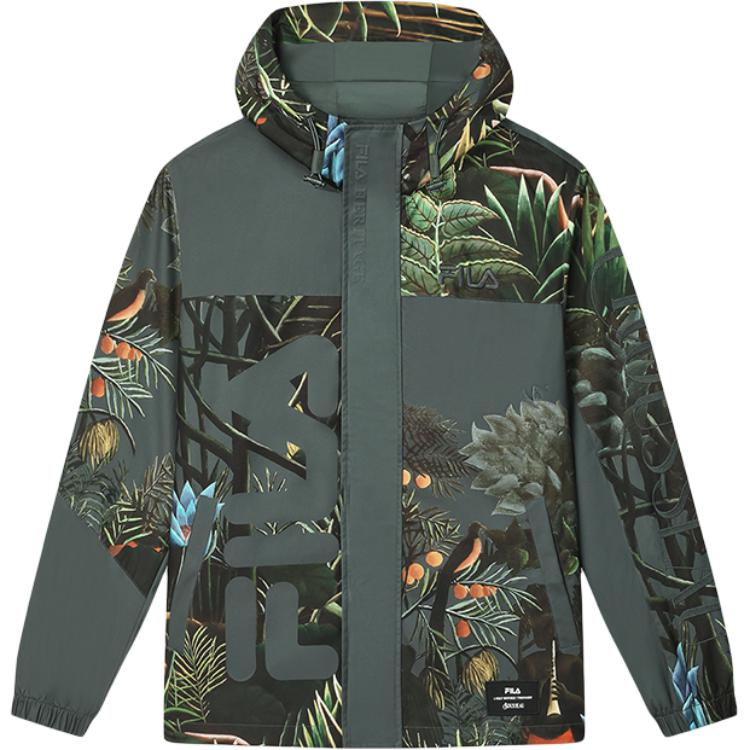 FILA Rousseau HERITAGE Green Loose Fit Full-Print Hoodie Jacket for Men F11M448705F-ZA
